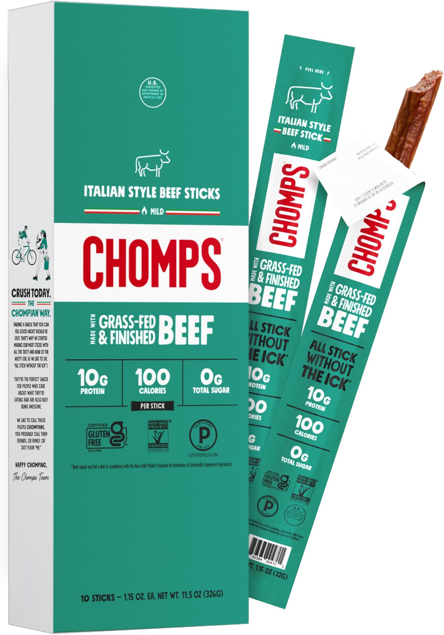 CHOMPS Grass Fed Beef Jerky Meat Snack Sticks, AIP Diet Compliant, Keto, Paleo, Whole30 Approved, Low Carb, Gluten Free, Sugar Free, Non-GMO, 90 Calories 1.15 Oz Stick, Italian Beef 10 Pack