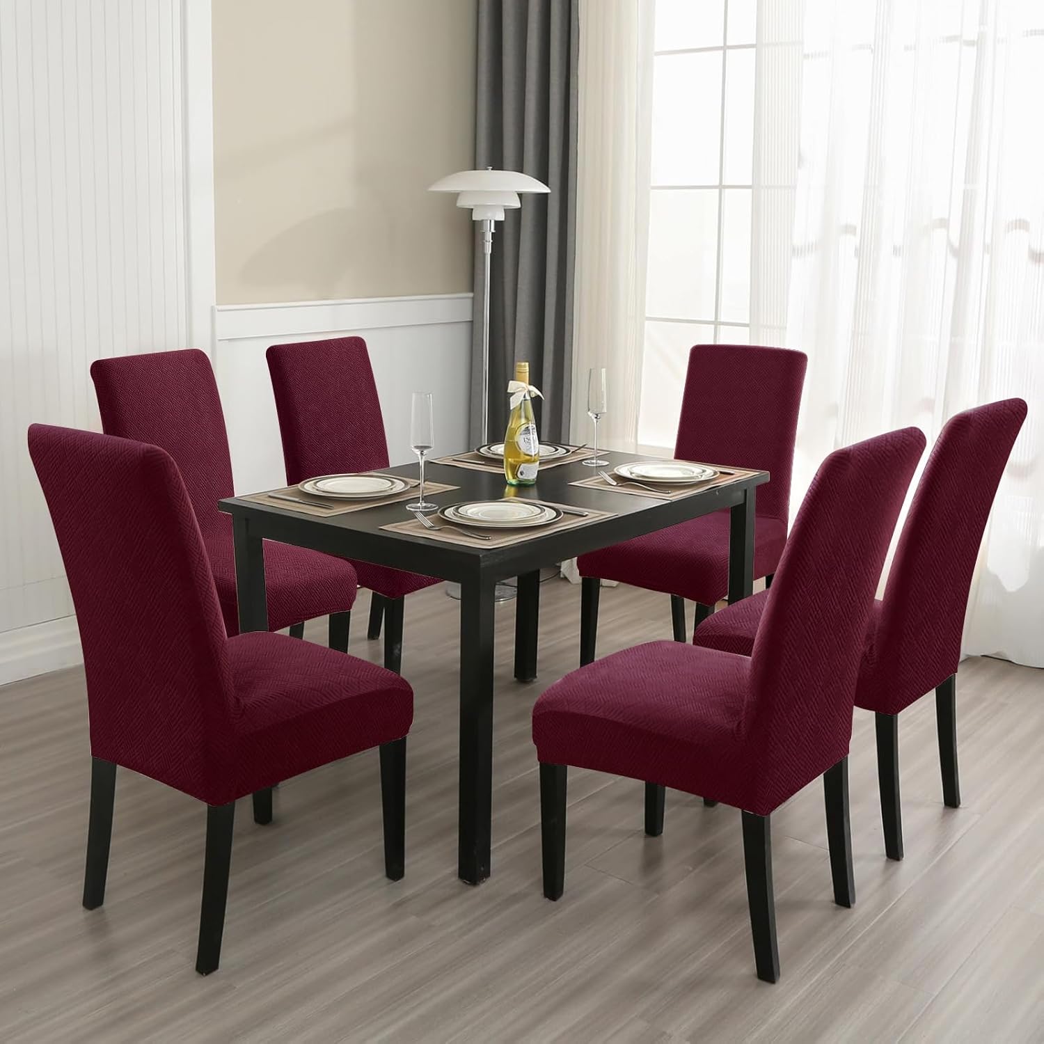 Chair Covers for Dining Chairs, Stretch Chair Covers Set of 6, Parson Chair Slipcovers Removable Washable Kitchen Chairs Seat Covers,Wine Red
