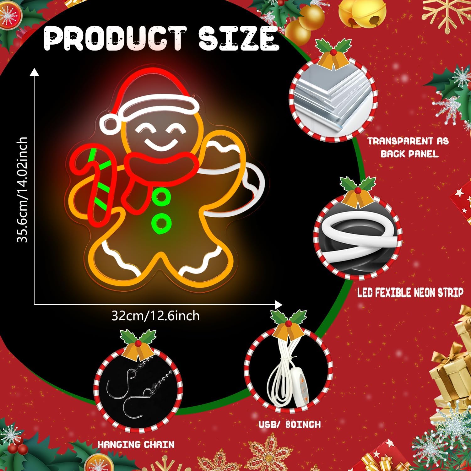 Christmas Neon Sign Waving Gingerbread Man Neon Sign for Wall Decor Led Gingerbread Christmas Decorations with Candy Cane Looks Like Waving Xmas Neon Light Up Signs for Window Bedroom Home Party - Image 4