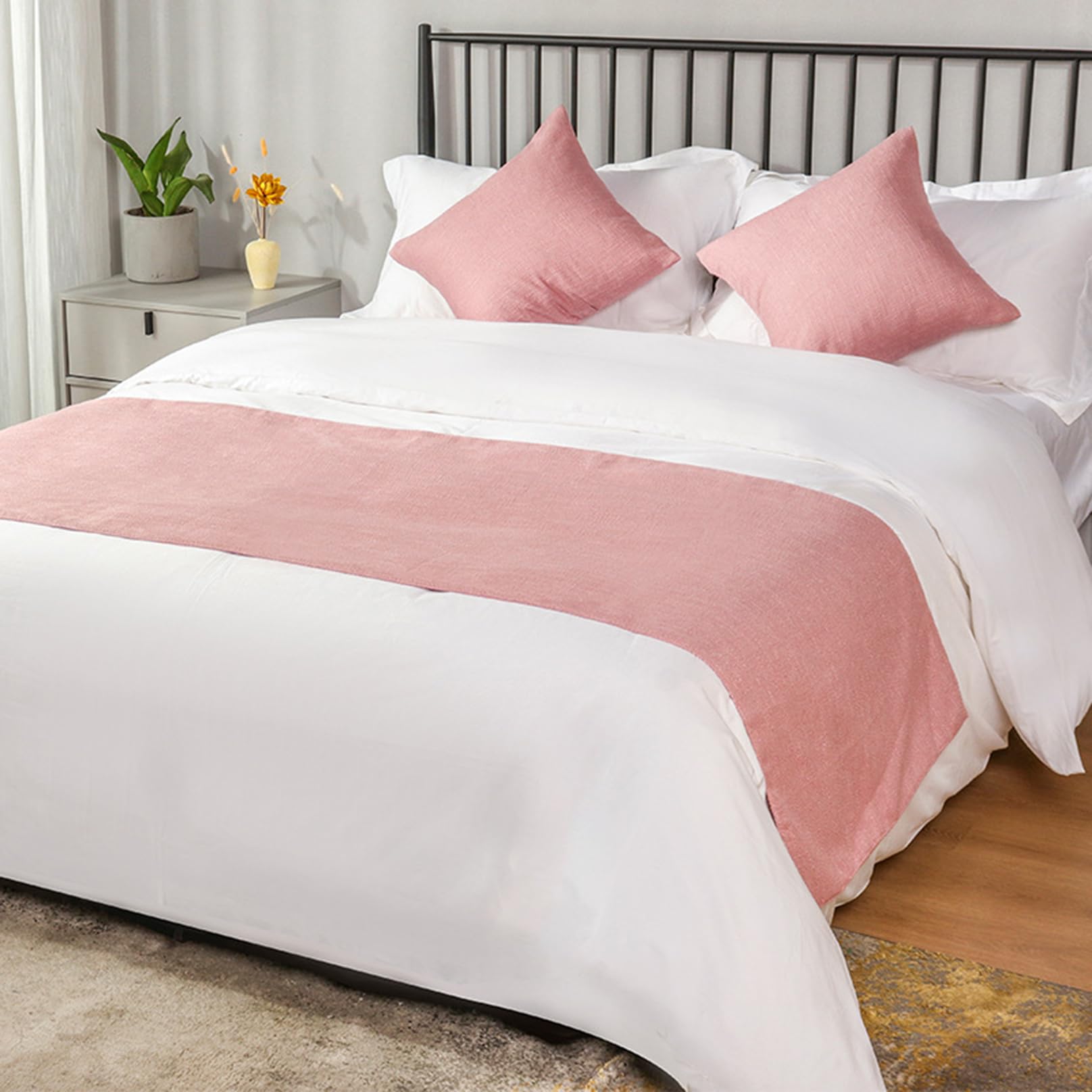 LEEMQCYA Simple Bed Runner Pink Linen Bed Scarves No Fading Coverlets Hotel Bedspread Bedding Protection Cover Bed End Towel and Matching Cushion Cover, 50x200cm for 1.2m bed — image 1