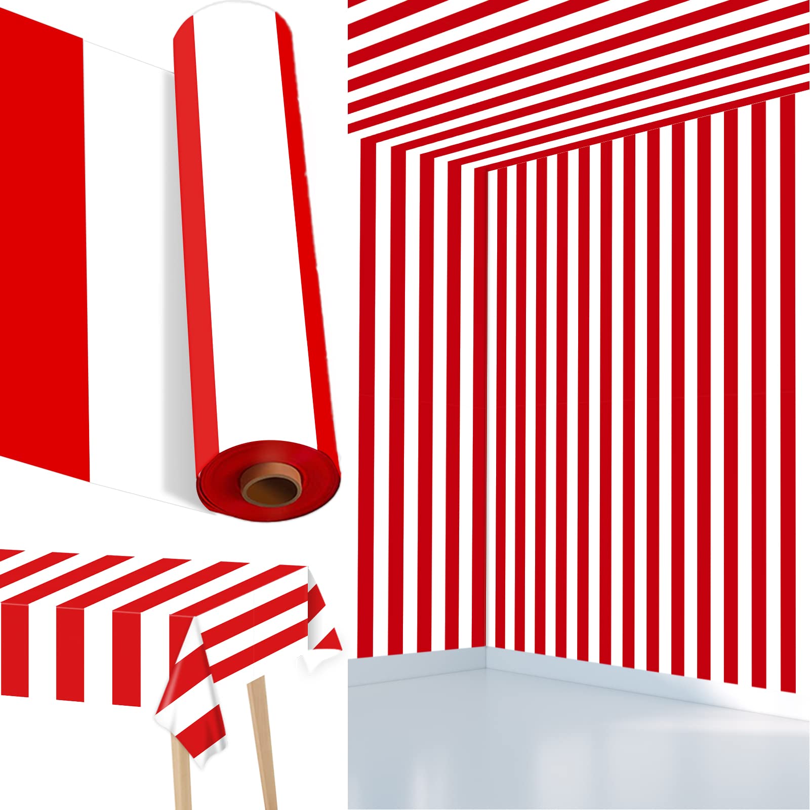100Ft Long Tablecloth Roll Red and White Striped Tablecloth Carnival Circus Tent Party Supplies Plastic Picnic Birthday Party Table Cover for Parties and Celebrations
