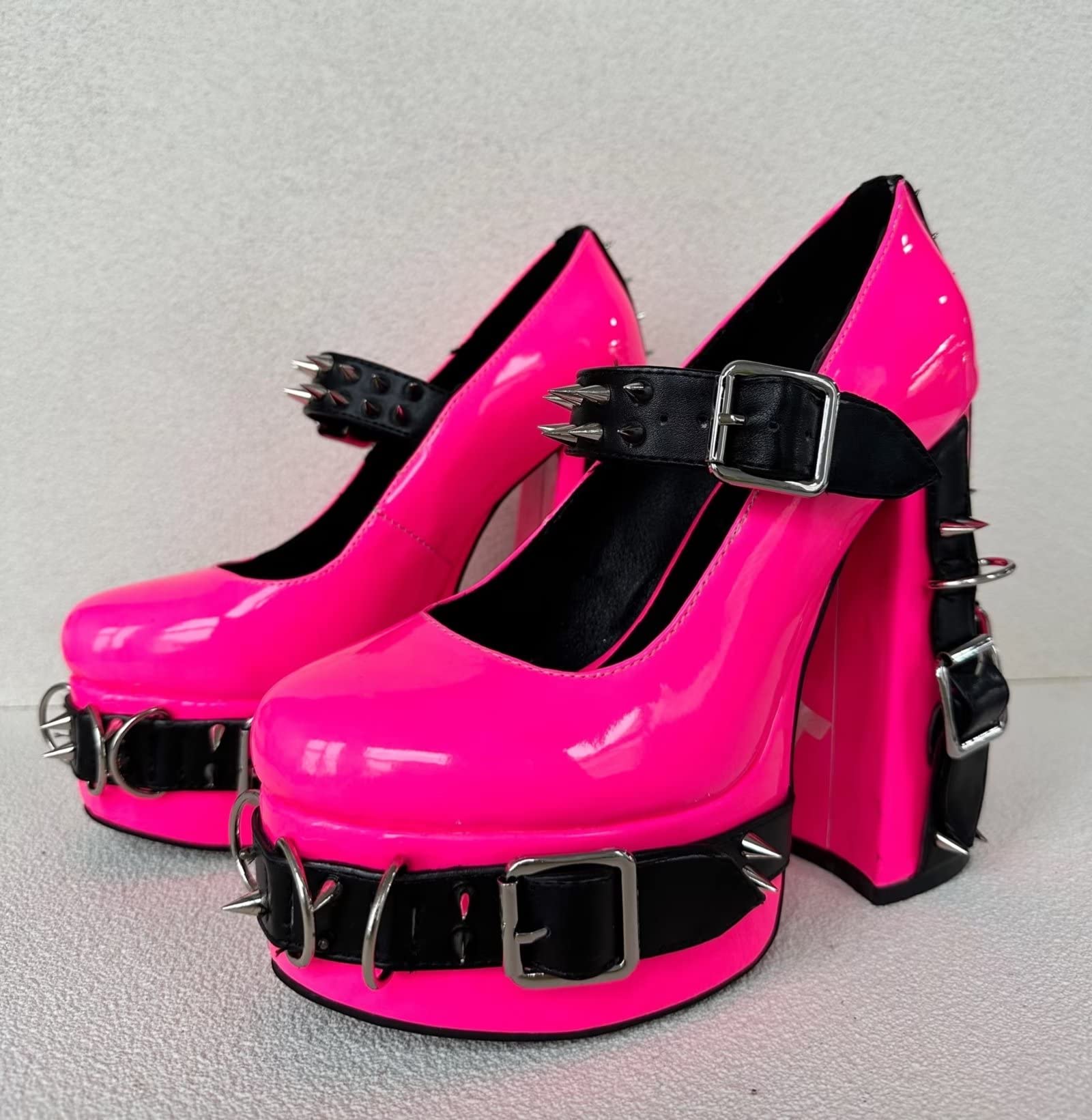 Frankie Hsu Women's Gothic Large Size Black Patent Leather Buckle Belt Ring Rivet Shinny Sexy Platform Chunky High Heels Ankle Strap Heeled Bootie Shoes: 13 Neon Pink