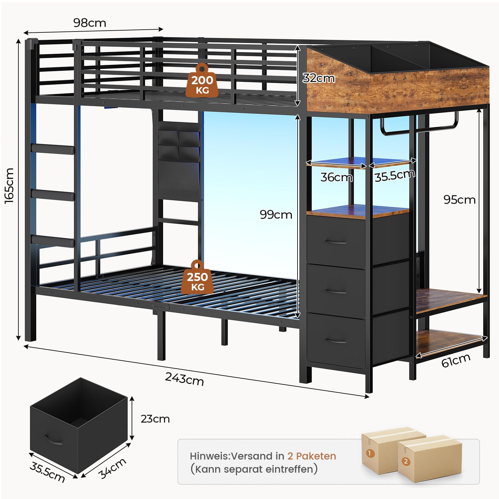AOGLLATI Lit Superposé Enfant avec Éclairage LED et 4 Ports USB, Lit Mezzanine 2 Places avec 4 Étagères, Tringle, Sac, 3 Tiroirs et 2 Niche en Tissu, Lit Enfant 90x200 en Métal pour Familles Nombreux