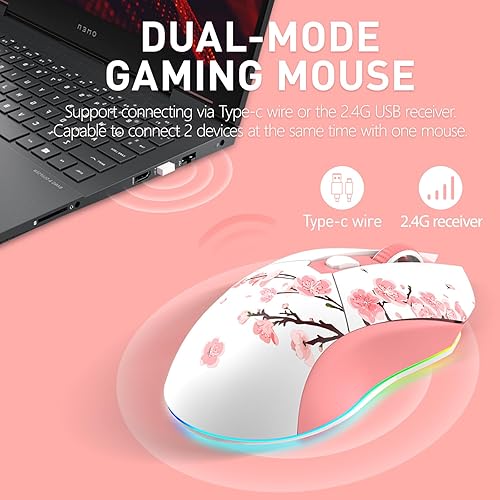 Miniatura 3 de DAREU Ratón inalámbrico Sakura rosa para juegos con base de carga recargable RGB, DPI de 12K, 6 botones programables con sensor de alta precisión