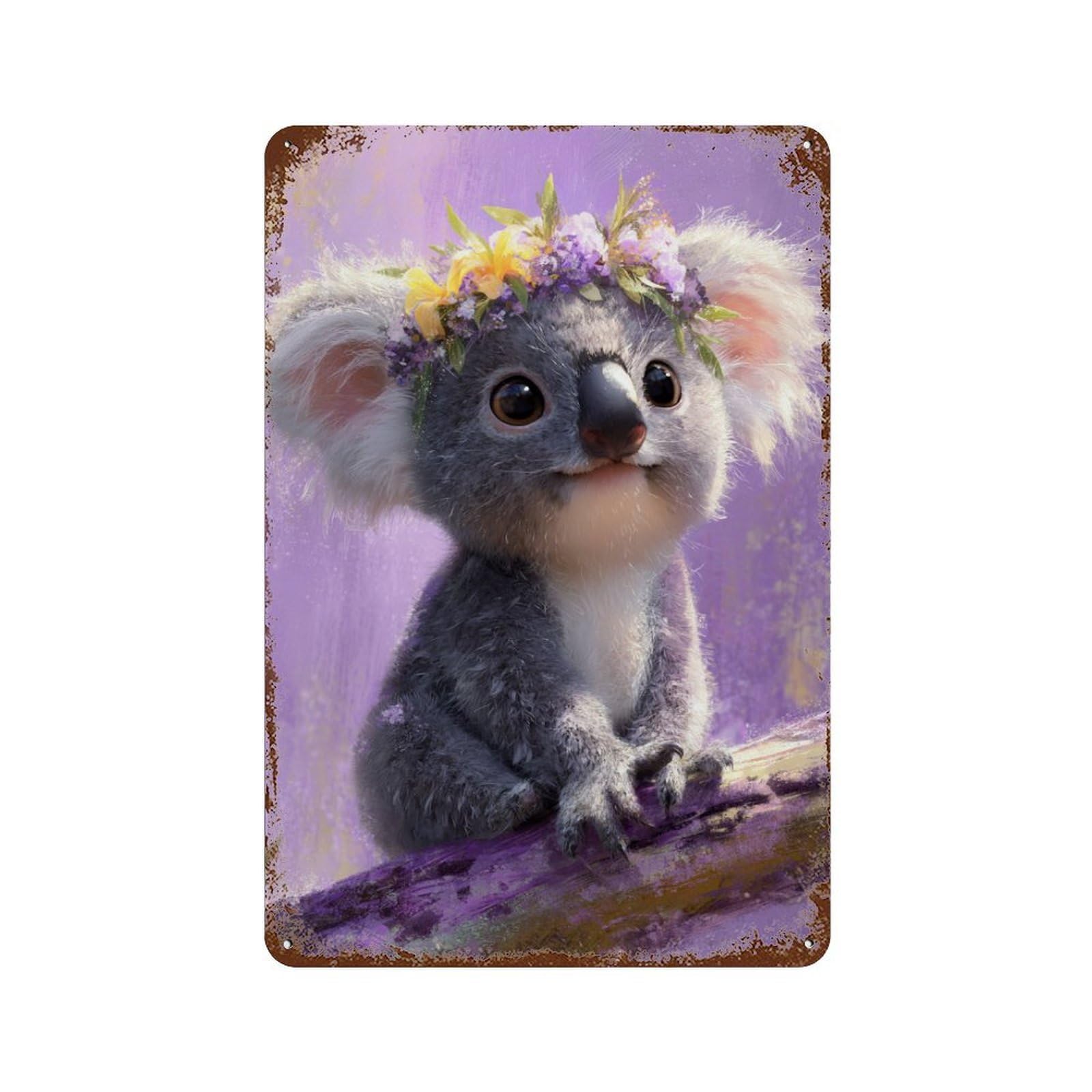Weathered Tin Sign Cute Koala with Flower Crown 11.8"x7.9", Rustic Home Decor for Basement, Hobby Room And Garage Decor