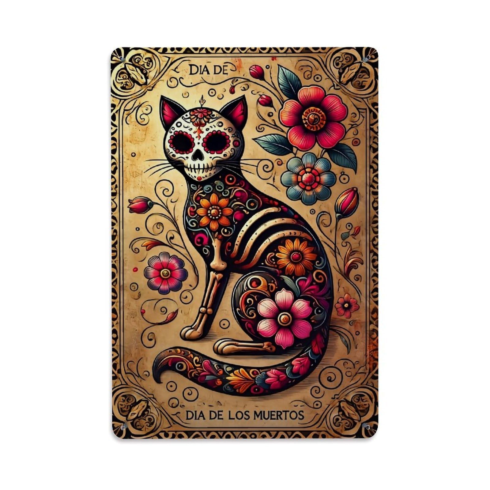 Day Of The Dead Cat Retro Metal Tin Sign, Vintage Decor Art Poster for Bar, Home, Man Cave, Kitchen, Laundry Room Gift 8x12Inch