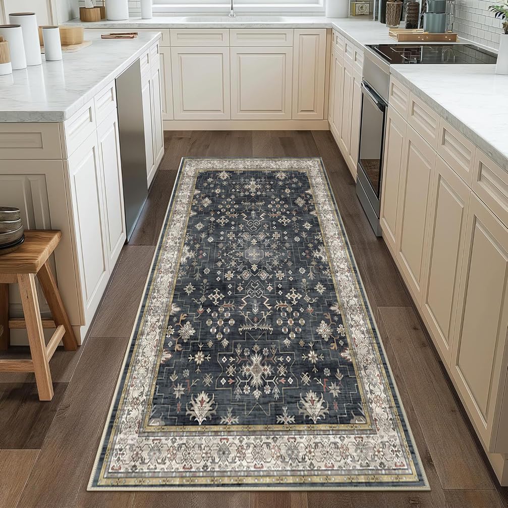 Tappeto Passatoia Antiscivolo 4.5 Metri, Tappeto da cucina lavabile, Tappeto Corridoio Interno Lungo per Ingresso Cucina Camera da Letto Casa，120 x 450 cm,Grigio，Motivo Floreale Boho