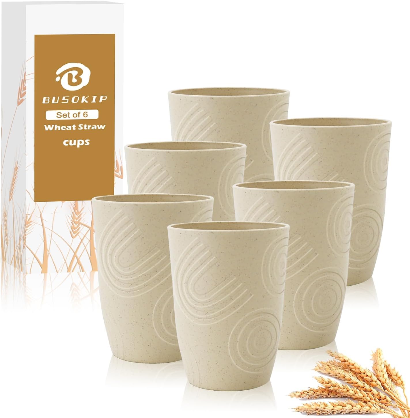 BUSOKIP 12 oz Wheat Straw Cups Set of 6, Alternatives to Plastic Cups Reusable, Unbreakable Water Cups, Dishwasher Safe Kitchen Cup, Small Water Cups for Kitchen (Beige)