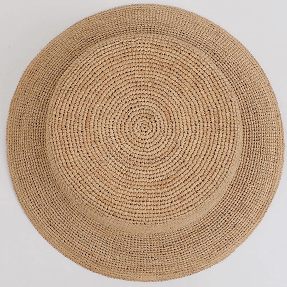 Raffia Straw Bucket Hat Women Beach Hat Handmade Natural Raffia Woven Flat Sun Hats Men Travel Cap