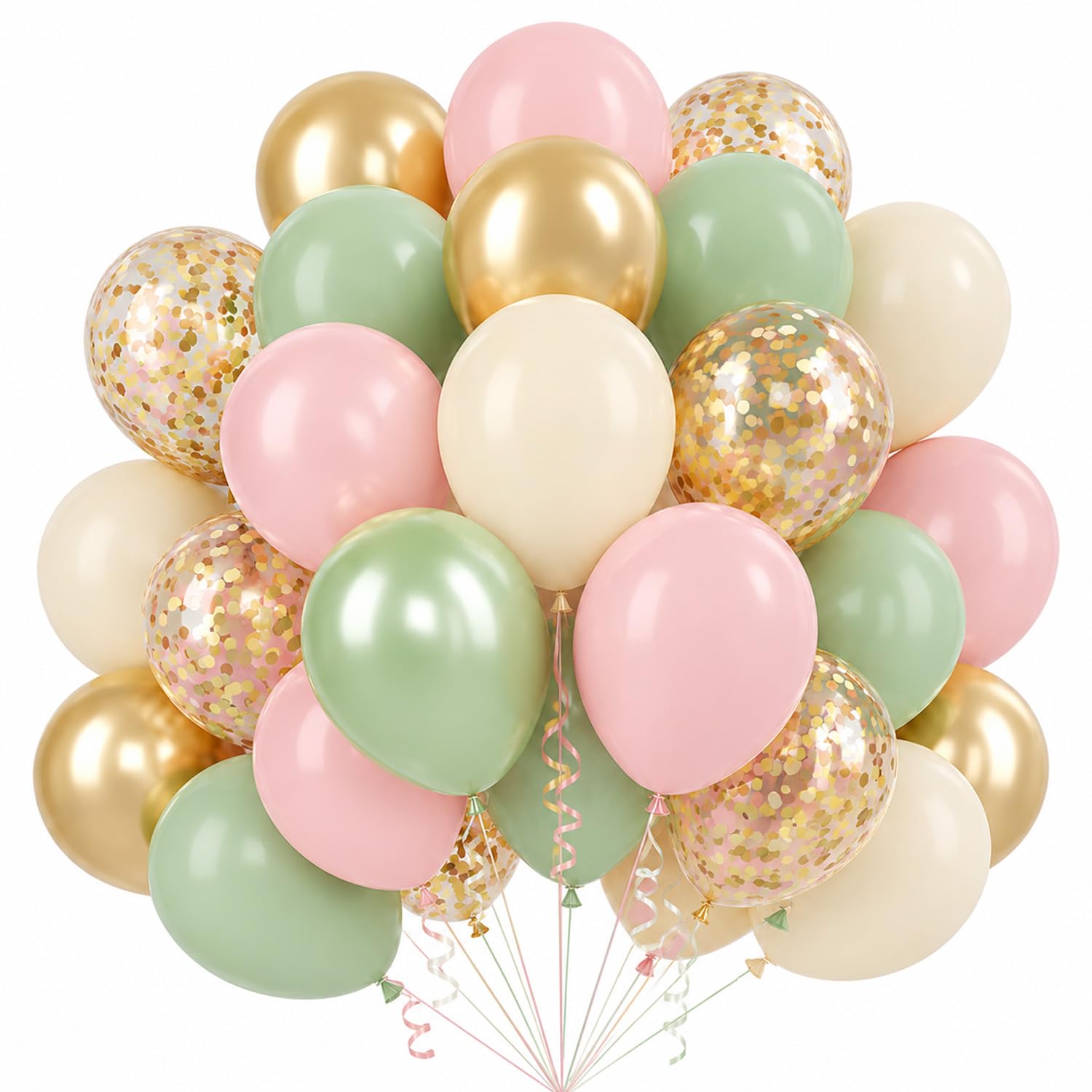 Sage Green Light Pink Sand White Metallic Gold Confetti Balloon Garland Kit 60Pcs 12 Inch Latex Balloons with Ribbon for Birthday Wedding Bridal Shower Party Decorations