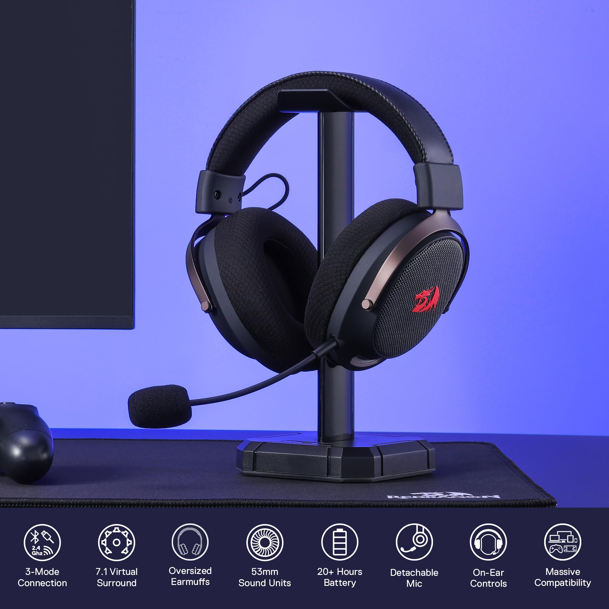 Redragon H858 Cascos Inalámbricos 3 Modos 7.1 53mm | cascos gaming inalámbricos 3 modos sonido envolvente 7.1 drivers 53mm almohadillas micro desmontable cancelación ruido