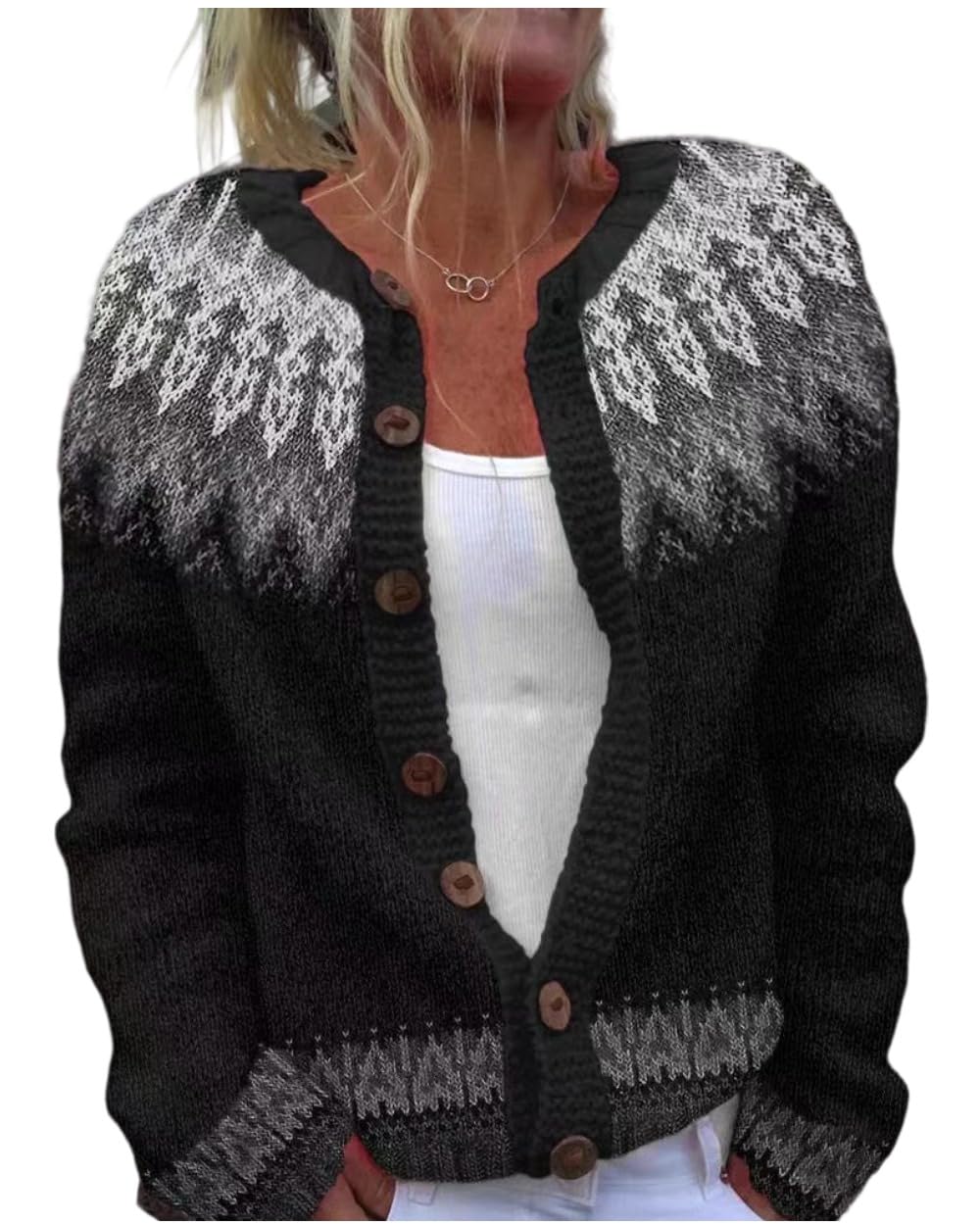 Womens Fair Isle Floral Print Knit Cardigan Sweater Fall Winter Vintage Button Down Colorful Open Front Jacket Coat