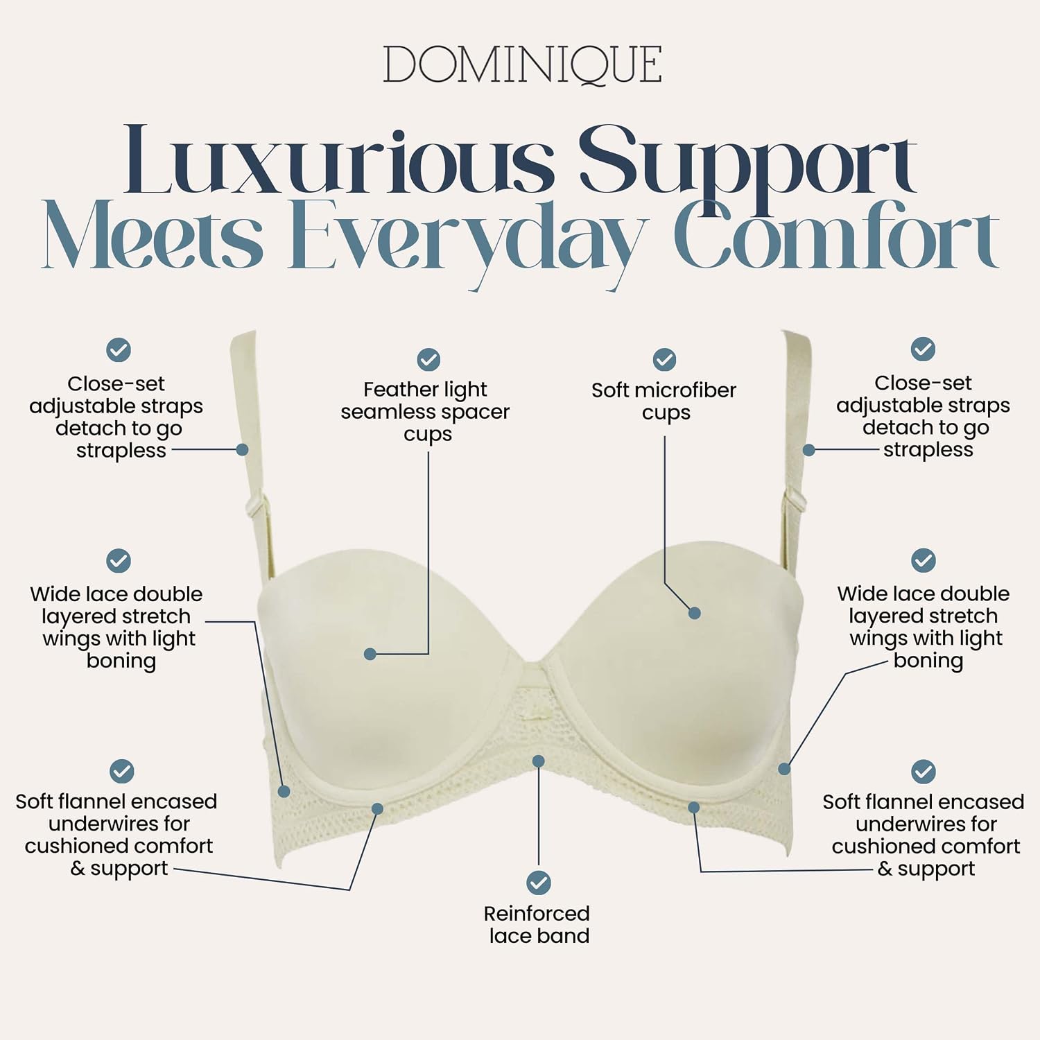 Dominique Tessa Lace Strapless Bra #7402 – Full Figure Convertible Bra with Spacer Cups & Lace Wings - Lingerie for Women