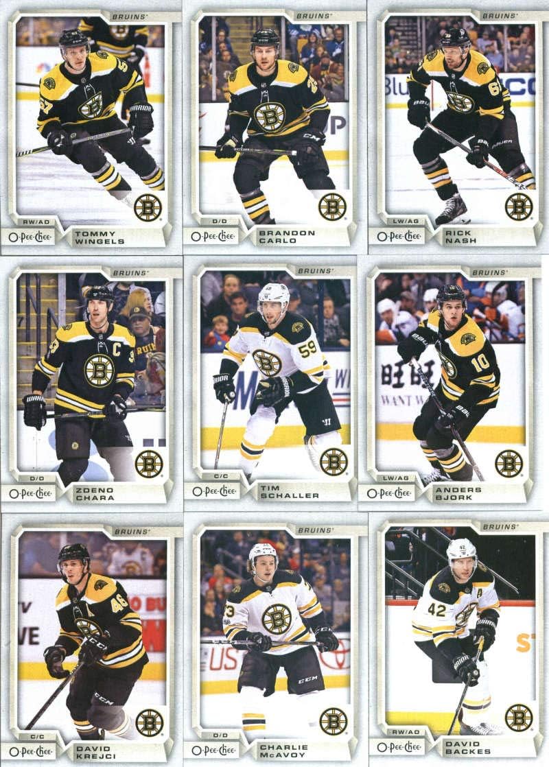 2018-19 O-Pee-Chee Hockey Boston Bruins Team Set of 19 Cards: David Pastrnak(#11), Tuukka Rask(#35), Sean Kuraly(#64), Brad Marchand(#70), Patrice Bergeron(#102), Torey Krug(#149), Danton Heinen(#172), Riley Nash(#193), Jake DeBrusk(#222), David Krejci(#265), Charlie McAvoy(#299), David Backes(#327), Zdeno Chara(#362), Tim Schaller(#388), Anders Bjork(#402), Rick Nash(#440), Brandon Carlo(#444), Anton Khudobin(#475), plus more