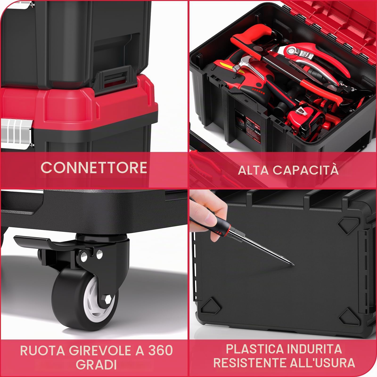 AIRAJ Cassetta Attrezzi Impilabile 3 Livelli con Ruote, Sistema Interbloccabile, Vassoio Rimovibile Integrato, Ruote 360° Bloccabili, Cassetta Impermeabile per Utensili Manuali ed Elettrici