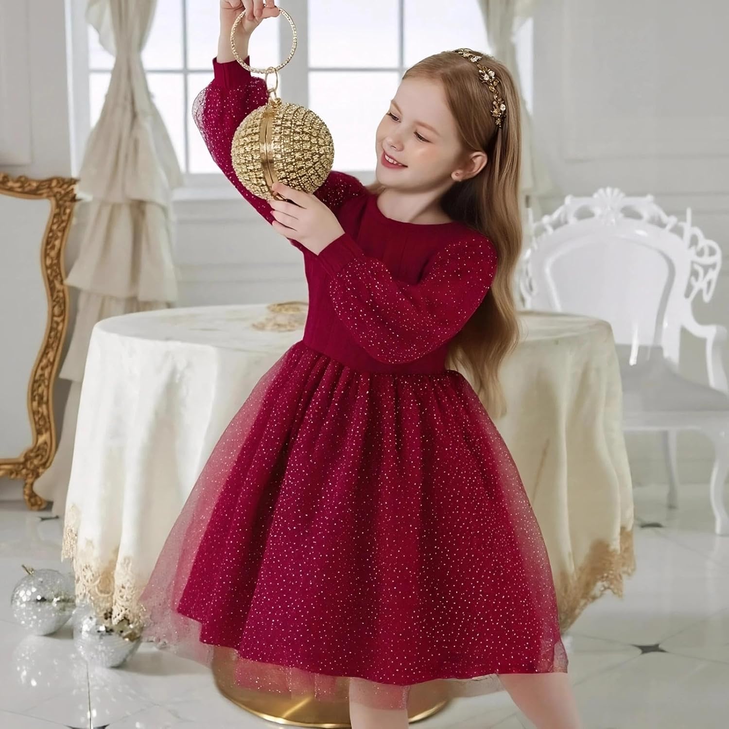 Little Bitty Girls Long Sleeve Sequin Tulle Dress Wave Pattern, Crew Neck Layered Lantern Sleeves Winter Christmas 3-7 Years - Image 9