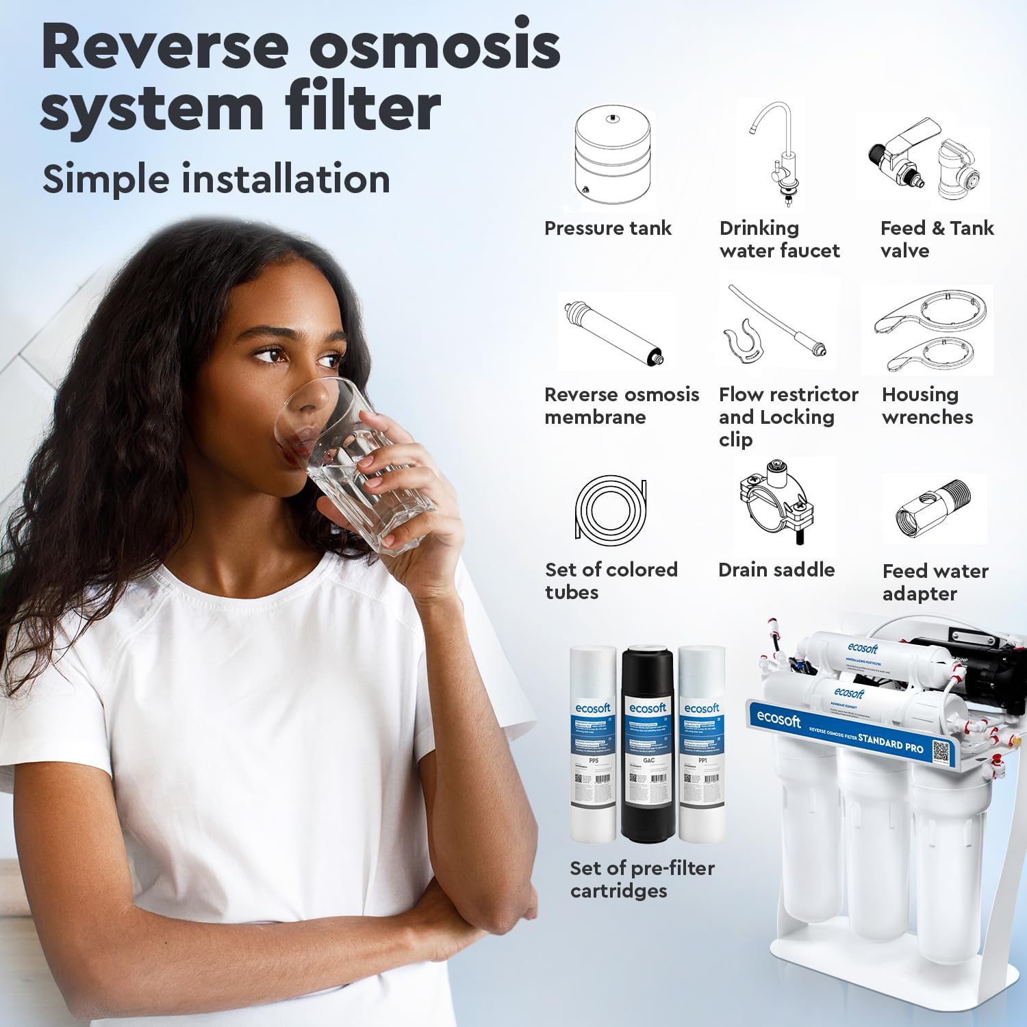 Ecosoft Standard PRO Filtro de Ósmosis Inversa, Sin Bomba, Solución Compacta de Purificación de Agua