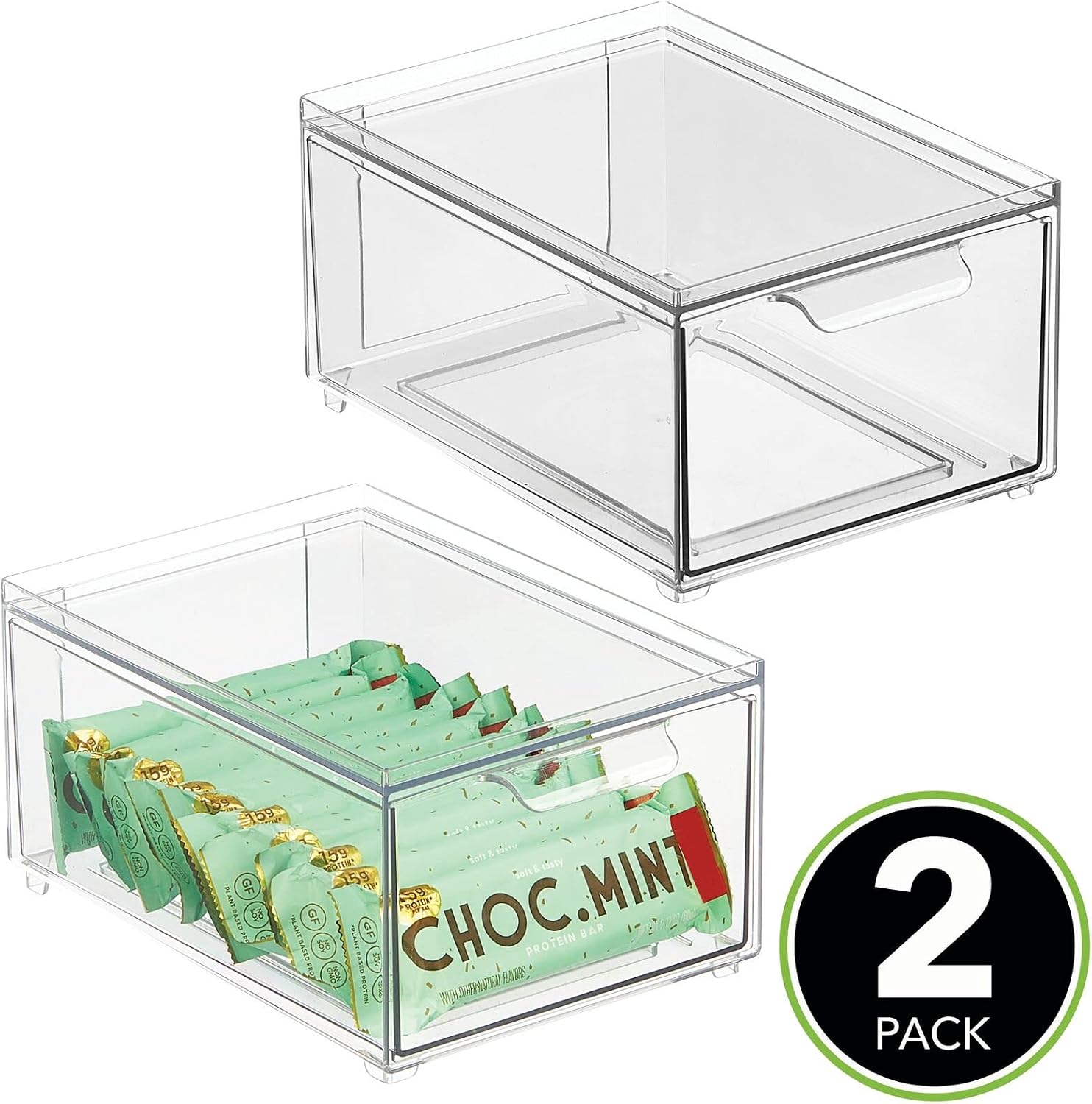 mDesign Stackable Storage Containers Box with Pull-Out Drawer - Stacking Plastic Drawers Bins for Kitchen Pantry and Cupboard, Cabinet, Counter, Island and Tables - Lumiere Collection - 2 Pack - Clear