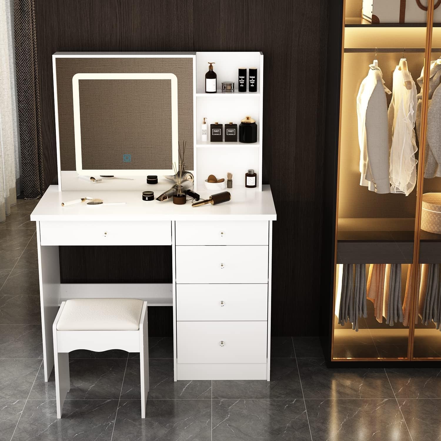 Coiffeuse avec tabouret et grand miroir éclairé meuble de chambre 5 tiroirs