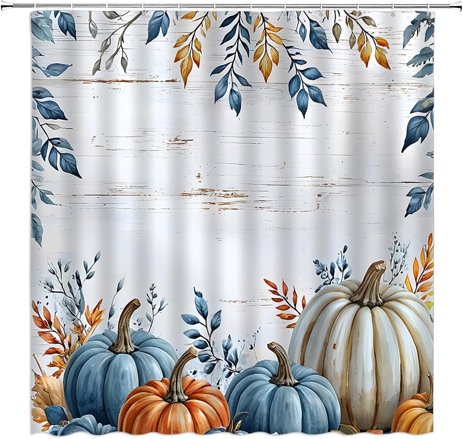 Fall Thanksgiving Shower Curtain Blue Orange Pumpkin Leaves Leaf Floral Wooden Rustic Watercolor Autumn Extra Long Bathroom Decor Curtain with Hooks,70" Wx78 H