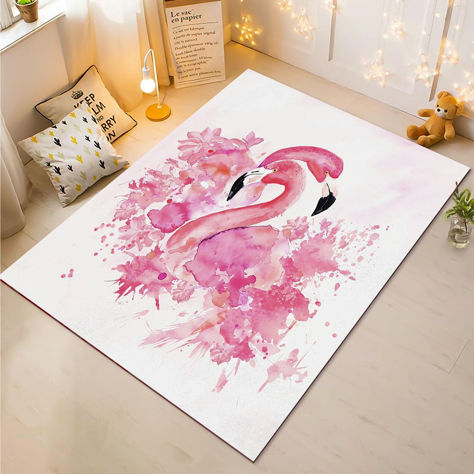 Tapis de salon flamant rose 160 x 230 cm plante verte pour enfants