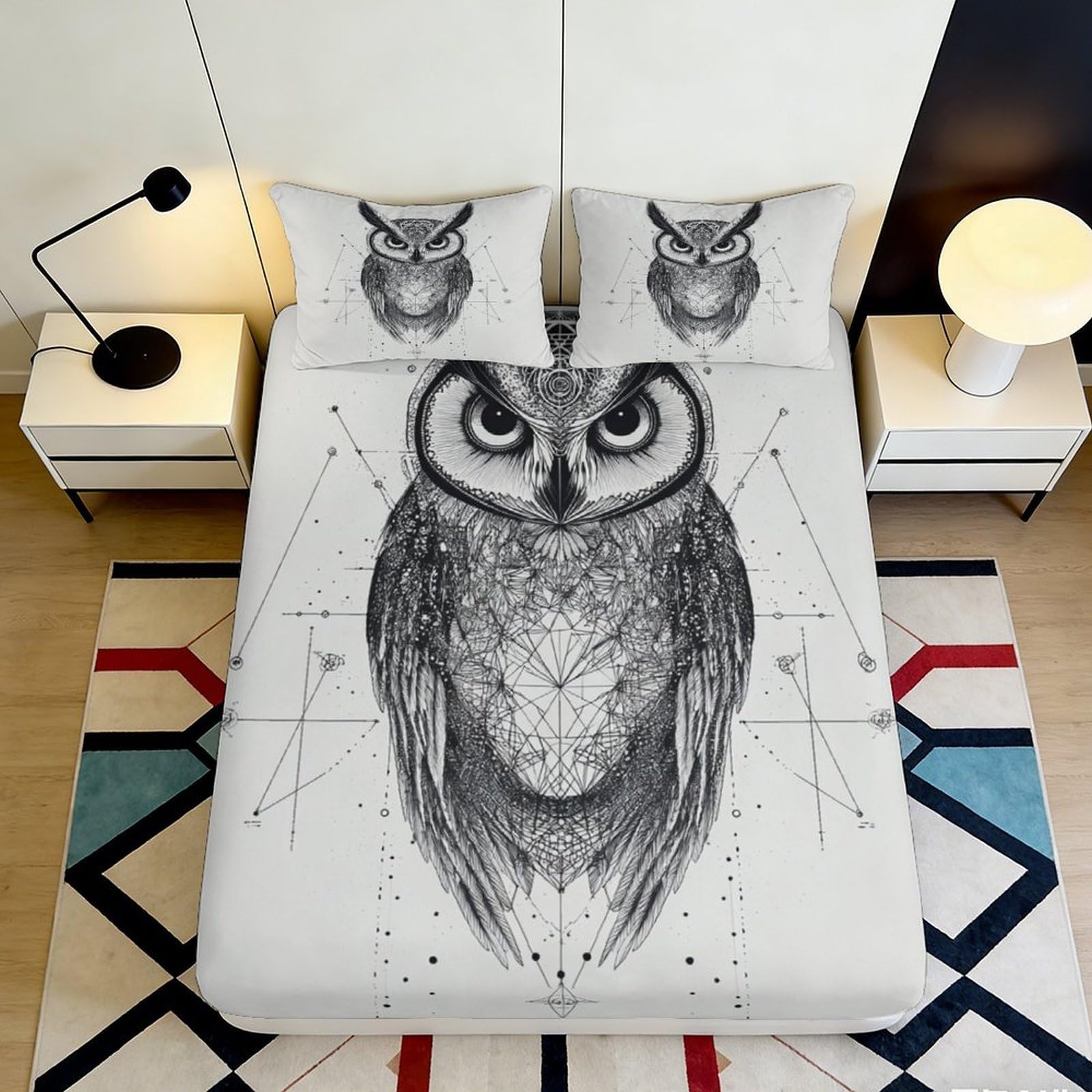 3D Printed Owl Pattern Fitted Sheet Microfiber Soft Breathable Geometric Owl Bed Cover for Bedroom Dormitory Guest Room Mattress Protection 120x200x25cm