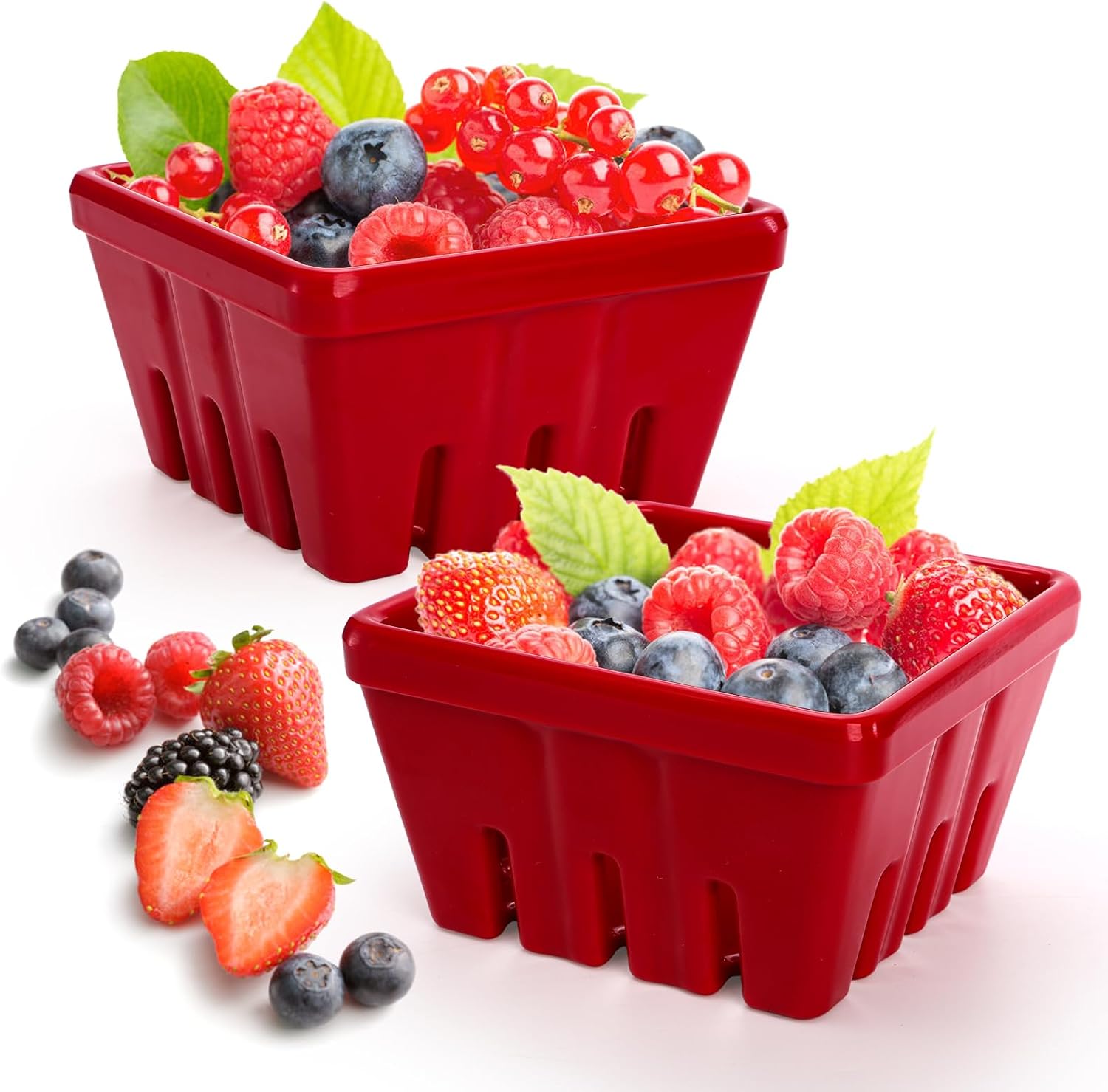 ZEAYEA Set of 2 Melamine Berry Basket, Berry Bowl With Holes for Fridge, Red Square Kitchen Fruit Basket for Christmas, Cute 5" Colander for Strawberry, Grape, Cherry, Berries, Veggies