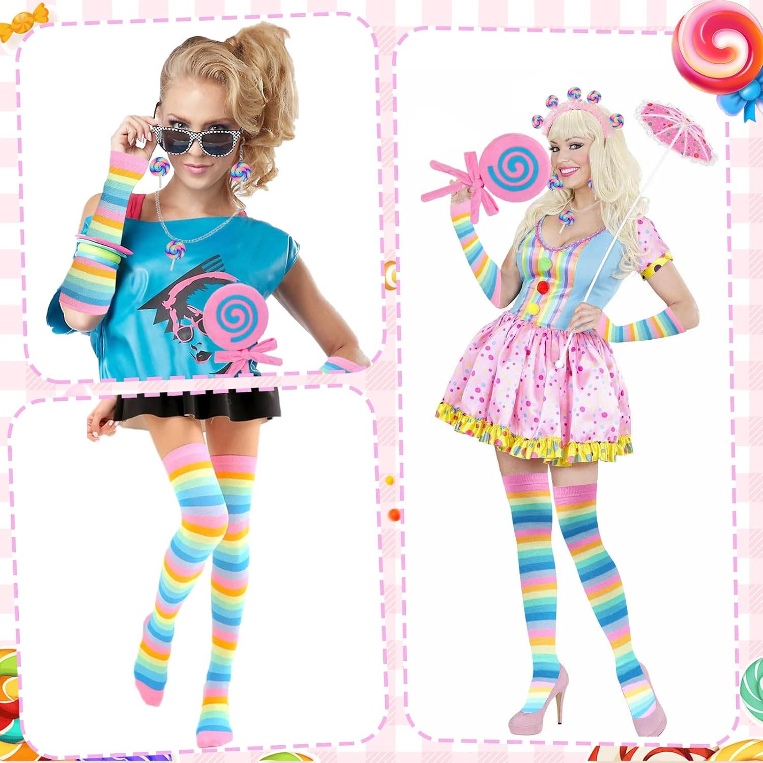 Galentine's Day Candyland Costume Accessories Headband Sweet Rainbow Necklace Lollipop Earrings Jombo Handheld Candy Gloves Tights for Candy Theme Cosplay Accessories - Image 5