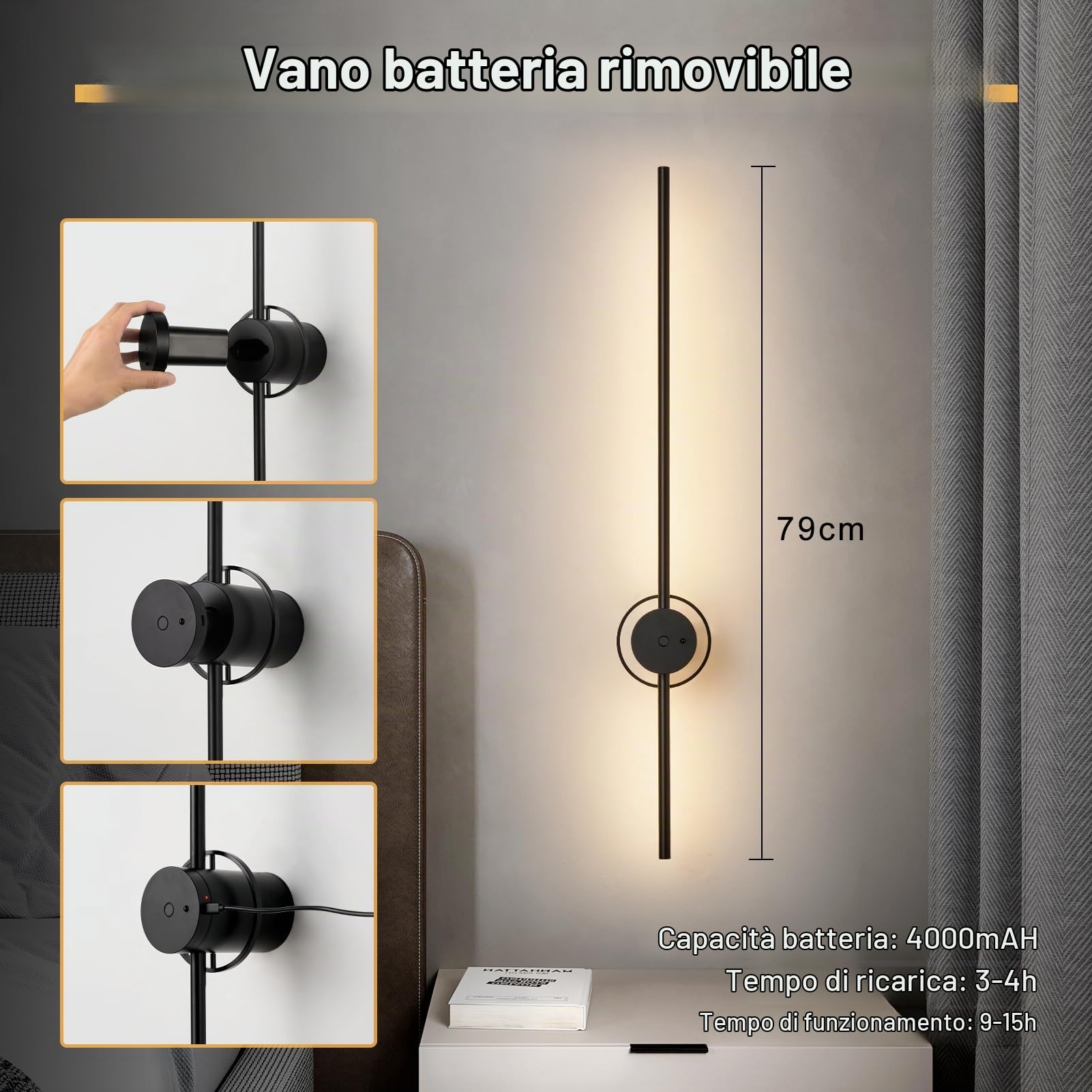 HARPER LIVING Applique da parete ricaricabile USB nera, lampada a batteria da 4000 mAh con telecomando e controllo touch, applique da parete LED dimmerabile con rotazione a 360°, 80 cm, senza fili