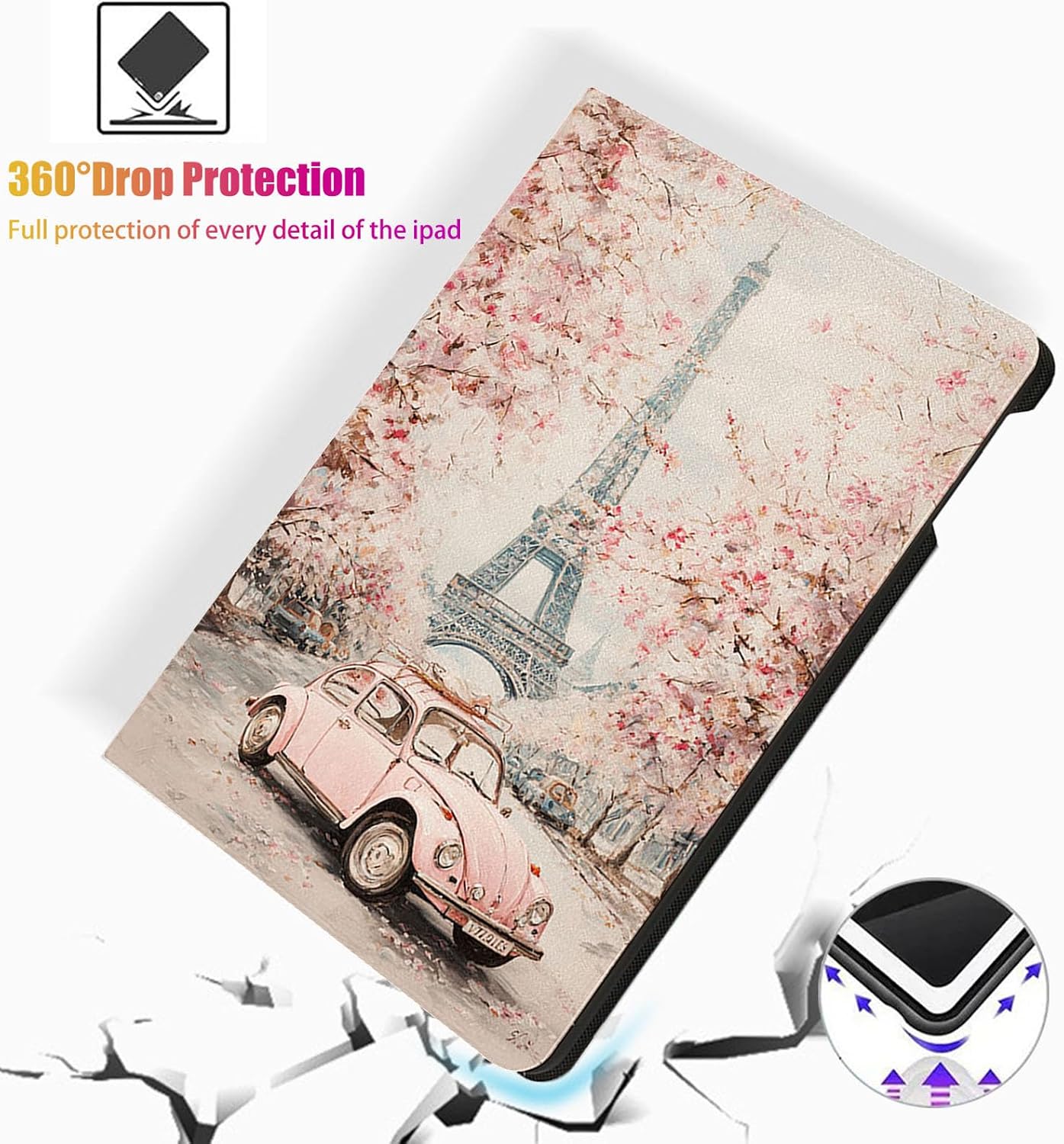 for Samsung Galaxy Tab A11 Plus 2025/ Tab A9 Plus 2023 11 inch Tablet Case,Auto Wake/Sleep,Adjustable Stand Protective Cover - Paris Cherry Blossom Eiffel Tower Pink Beetle image 3