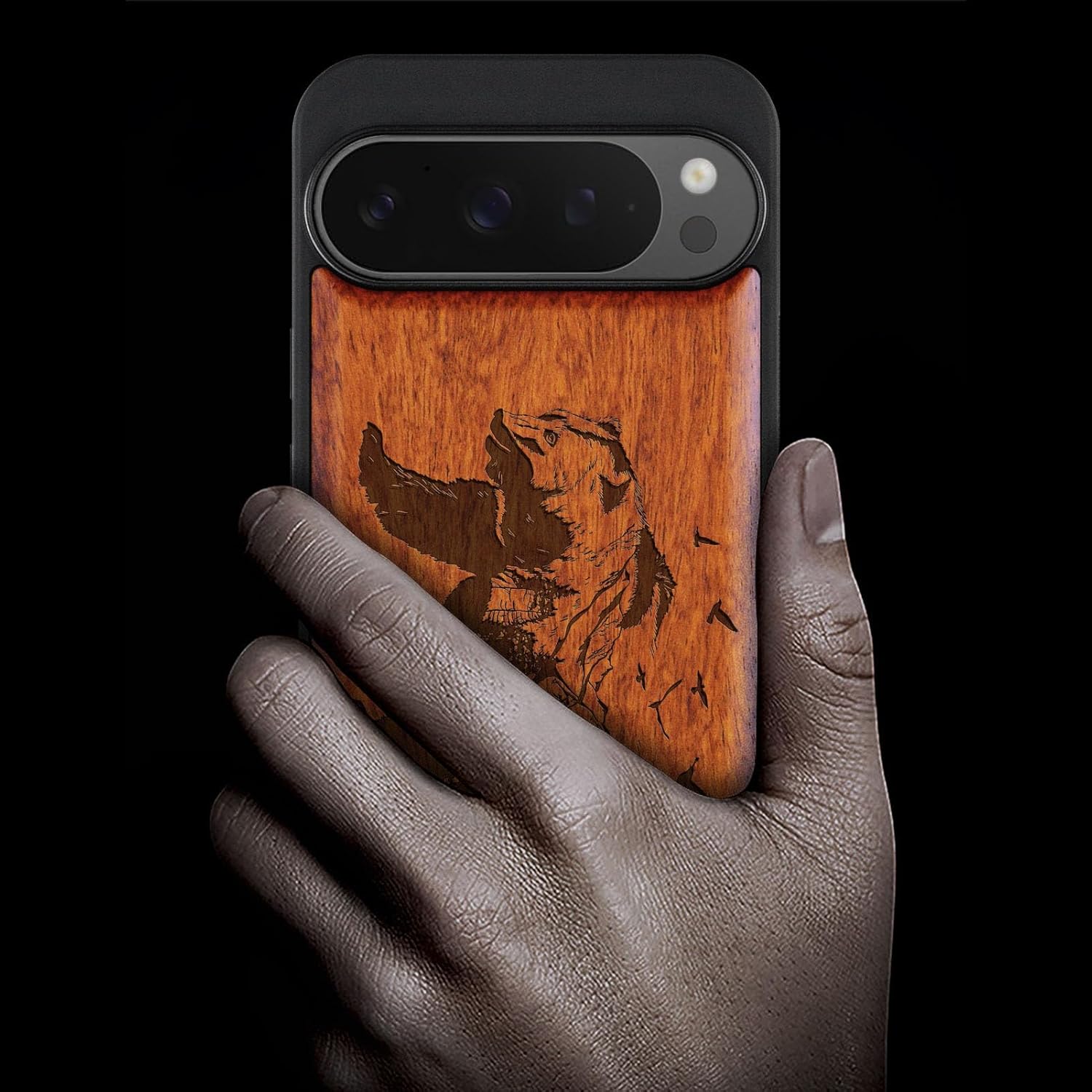 Carveit Magnetic Wooden Case for Pixel 9 Pro Google 9 Pro Case, Wood Artisan Engraved & Soft TPU Shockproof Cover, Compatible with MagSafe Wireless Chargers (Bear and Valleys) Rosy