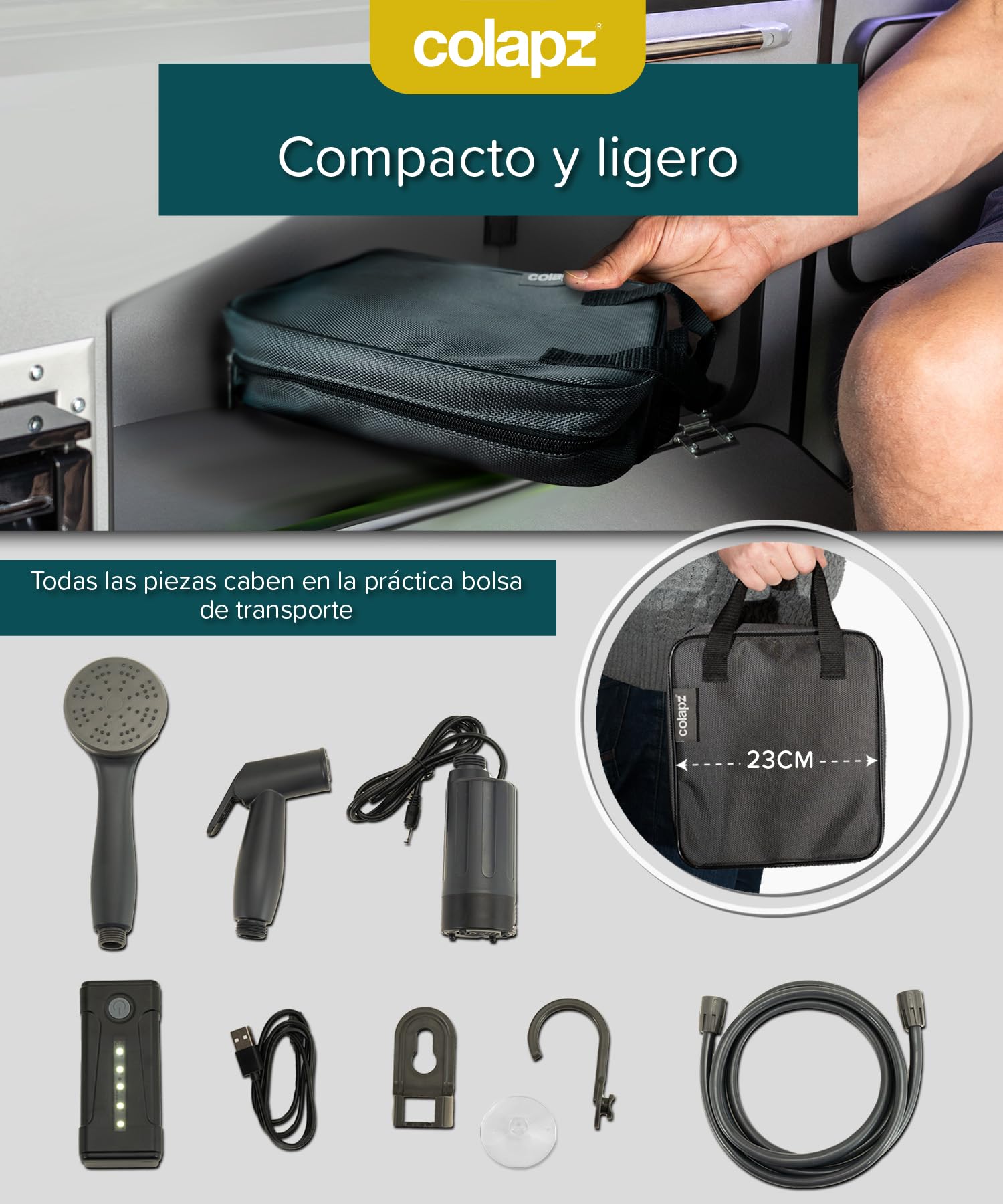 Colapz Ducha de Camping USB Recargable - Manguera 2 m - Bolsa Incluida