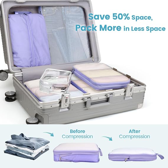 Cambond 6 Set See Through Mesh Compression Packing Cubes Purple Bundle with 4 Set See Through Compression Packng Cubes Purple