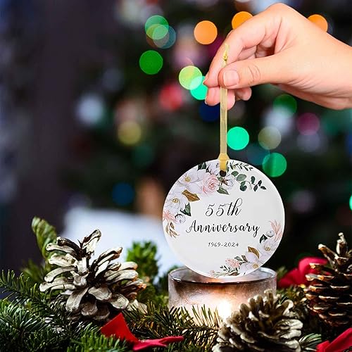 Miniatura 6 de Adorno de 55 aniversario 2024, 55 para parejas y padres, adorno de cerámica de aniversario de 55 años para bodas en el hogar con cinta y caja de