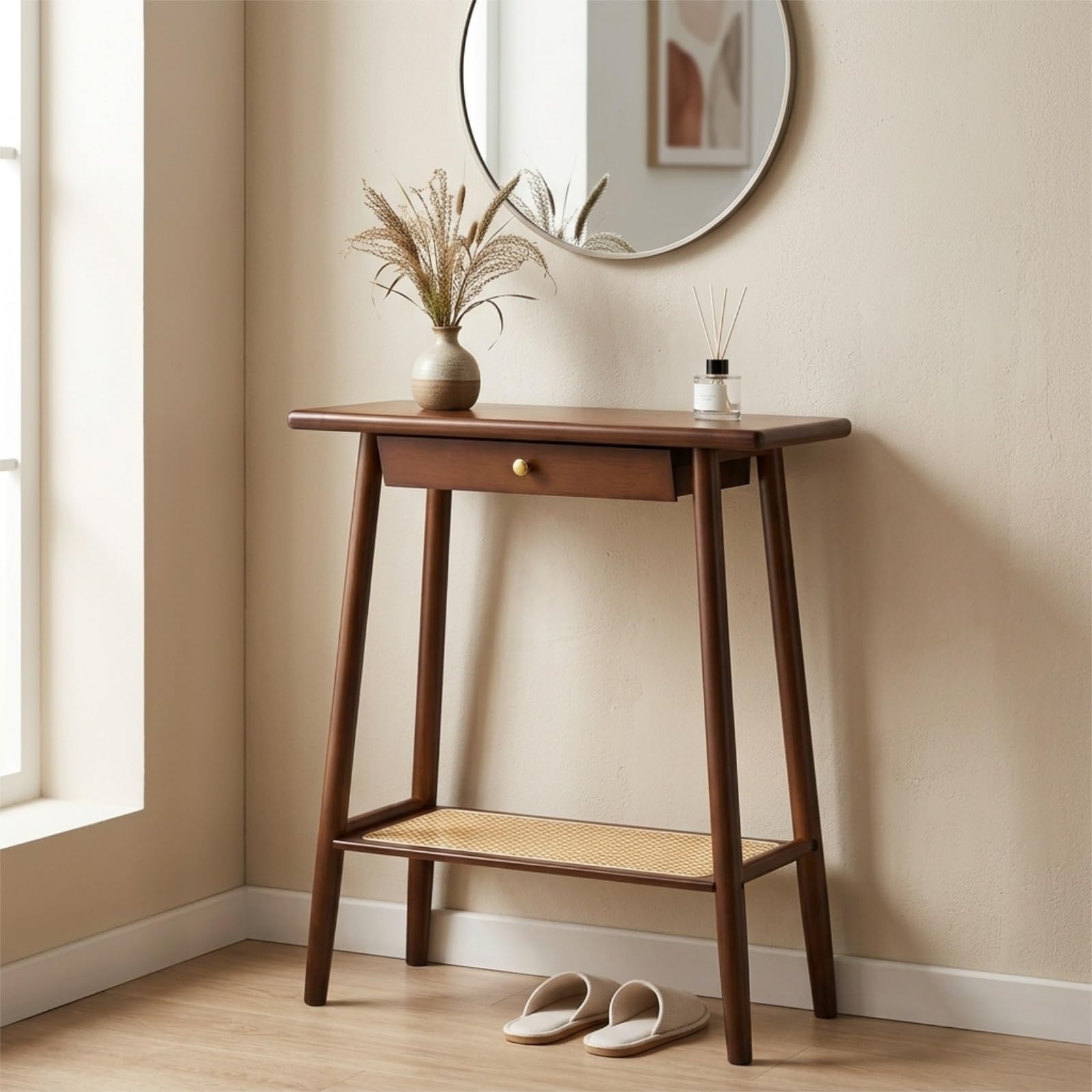 Mueble recibidor de madera que soluciona el desorden en pasillo y salón