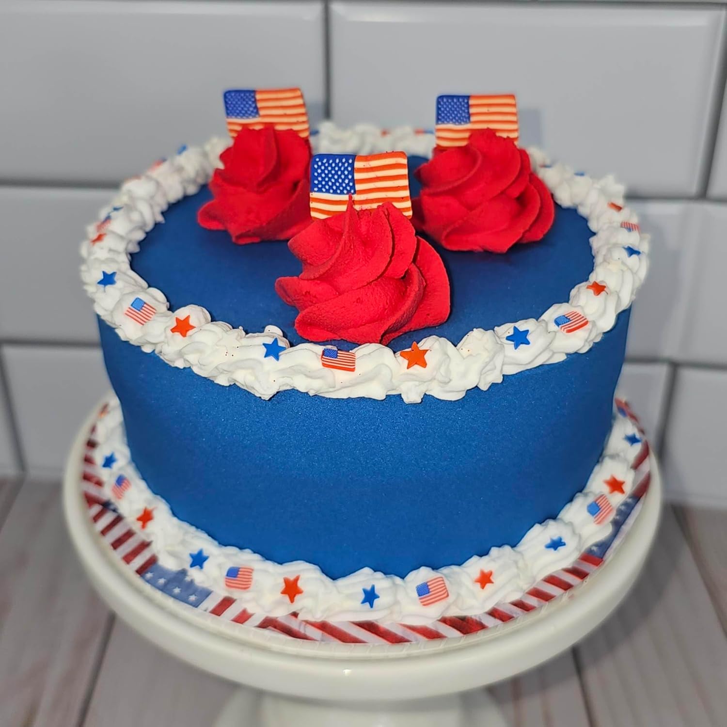 USA Flag Cake, Fake 4th of July Cake, Patriotic Tiered Tray, Fake Patriotic Dessert, Patriotic Faux Cake with Mini Flags and Stars, Handmade Display Decor for 4th of July, Memorial Day, and more