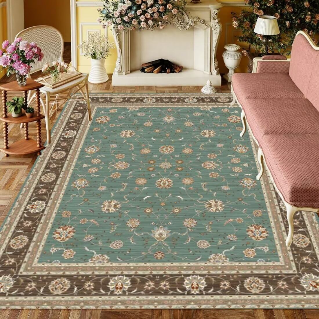 Grand tapis de salon vert floral 140x200 pour une ambiance vintage cosy