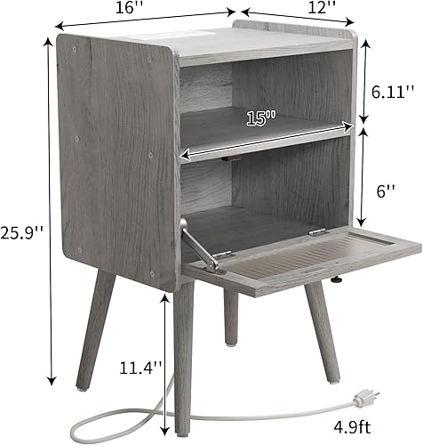 Miniatura 3 de SOOWERY Mesita de noche moderna de mediados de siglo con estación de carga, mesitas de noche con puerta de cristal, mesa auxiliar con espacio de