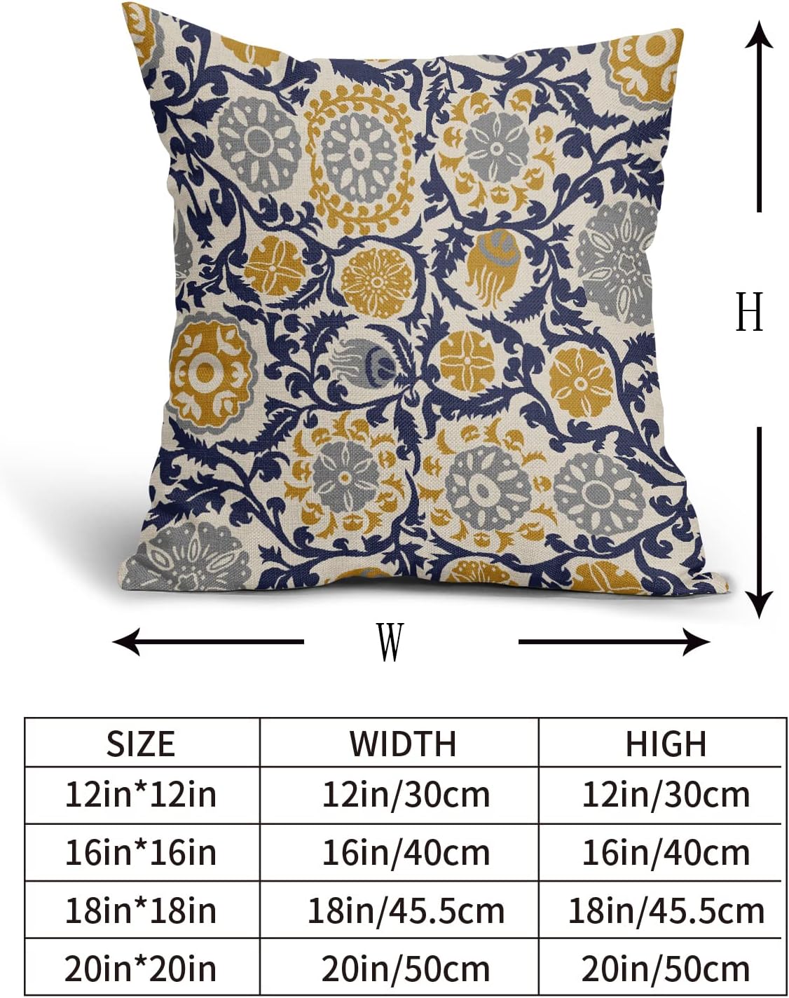 Navy Blue Yellow Grey Pillow Covers 18x18 Set of 2 Boho Carpet Pattern Decorative Throw Pillows Outdoor Pillowcase Vintage Floral Farmhouse Square Linen Cushion Case Decor for Sofa Couch Bed - Image 5