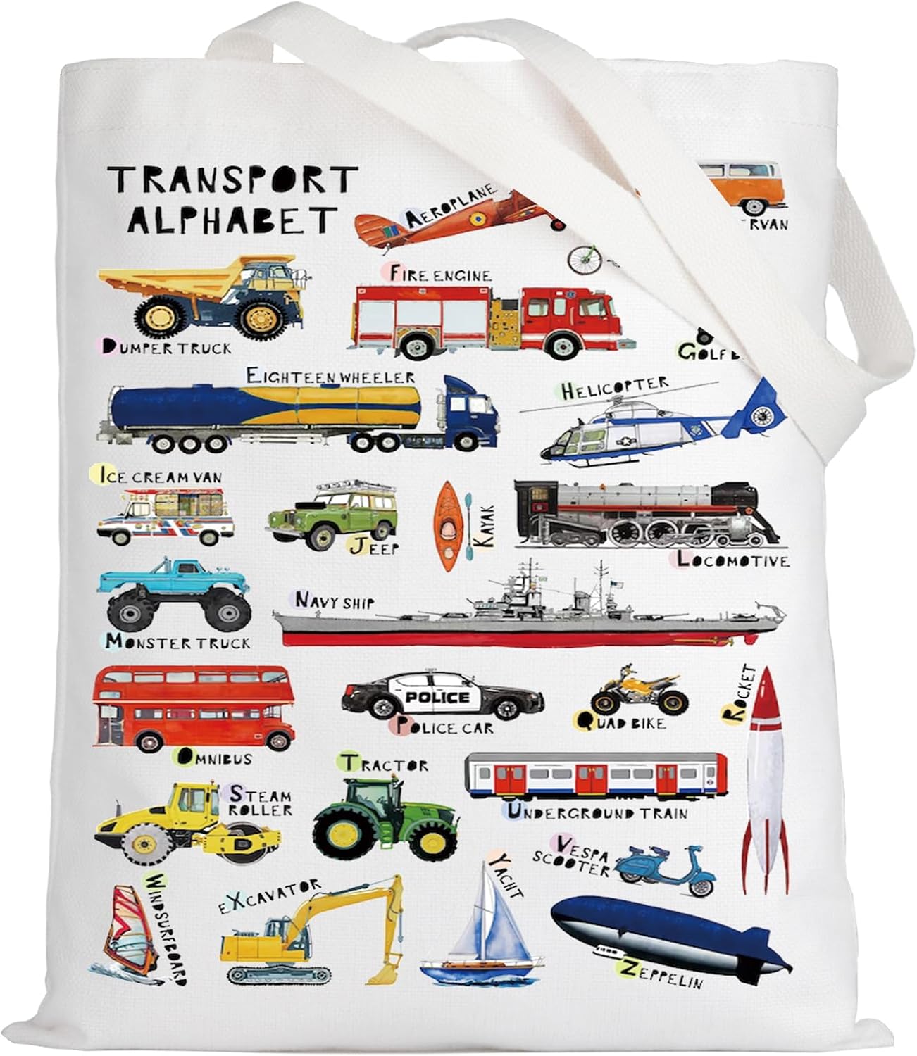 LEVLO Transport ABC Canvas Tote Bag Vehicle Alphabet Gift Transport Alphabet Shoulder Bag Car A-Z Merchandise