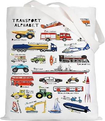 LEVLO Transport ABC Canvas Tote Bag Vehicle Alphabet Gift Transport Alphabet Shoulder Bag Car A-Z Merchandise