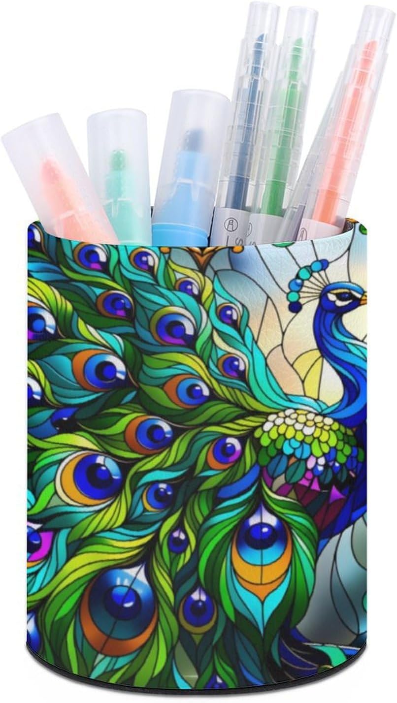 Stained Glass Green Peacocks Pen Holder Cup for Desk