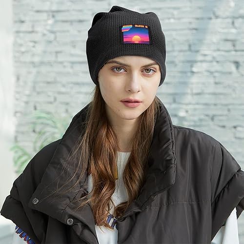 Miniatura 7 de Retro Synthwave Sunset Beanie Winter Hat Warm Knitted Hat Women Knit Hats Cute Skull Cap Mens Slouchy Beanie Black