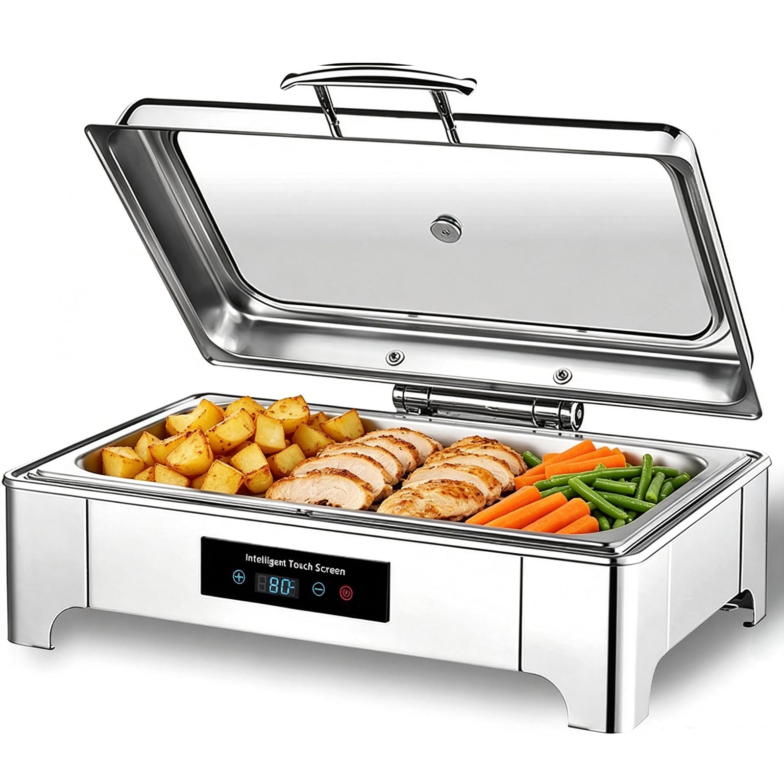 Calentador de Comida Buffet Eléctrico, 9L Acero Inoxidable (GN1/1) | Calienta Platos con Tapa de Vidrio y Control Táctil, Profesional Bandeja Calefactora para Fiestas, Hotel y Catering, 35-90°C
