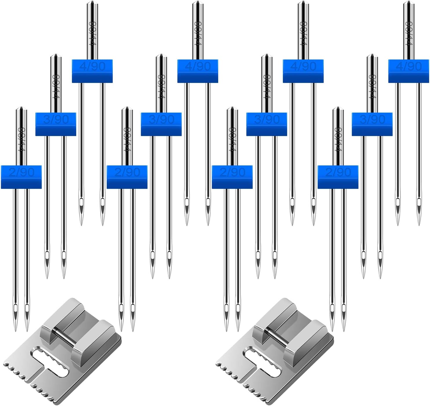 Aodaer 12 Pack Twin Needle Double Needle Sewing Machine Needle Twin Machine Needles Pins Double Twin Needles with 2 Pack 9 Groove Pintuck Presser Foot