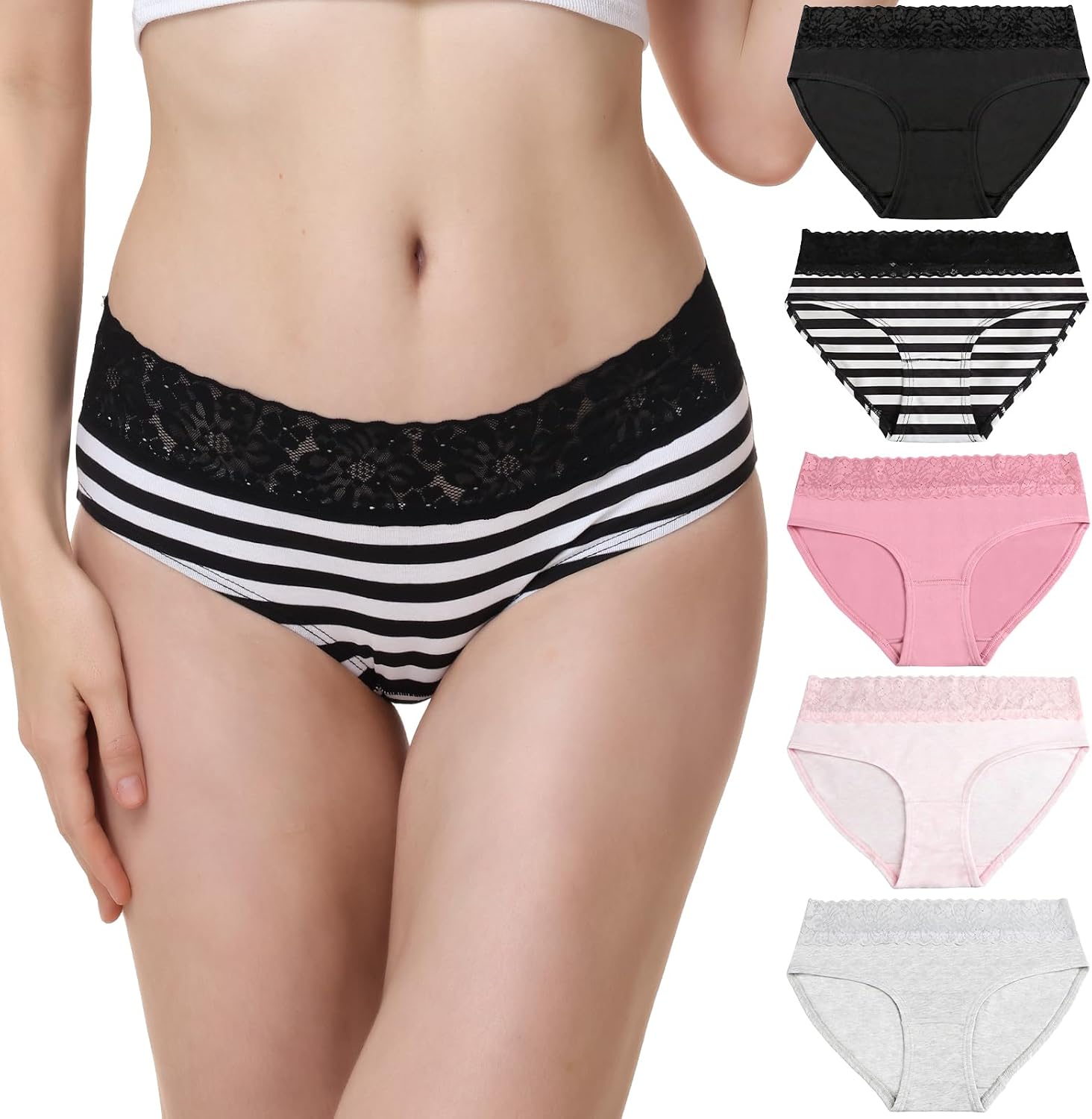 Women's Cotton Underwear Lace Soft Breathable Brief Ladies Panties 5 Pack