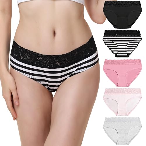 LYYTHAVON Women's Cotton Underwear Lace Soft Breathable Brief Ladies Panties 5 Pack - Medium - Multicolored A,5 Pack