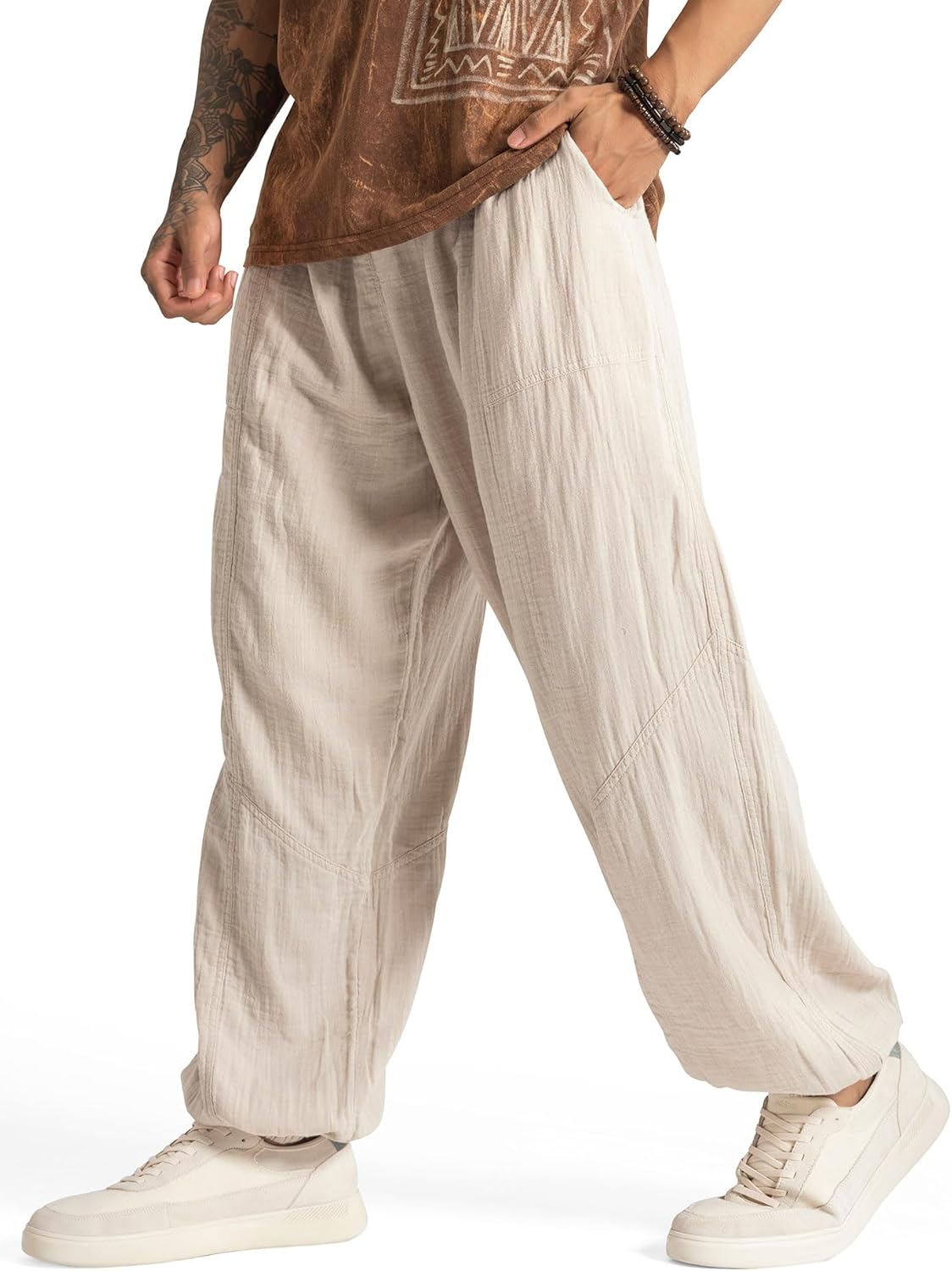 The Veshti Company Men’s Cotton Pants – Lightweight Boho Harem Drawstring Trousers – Soft Travel Yoga Pants