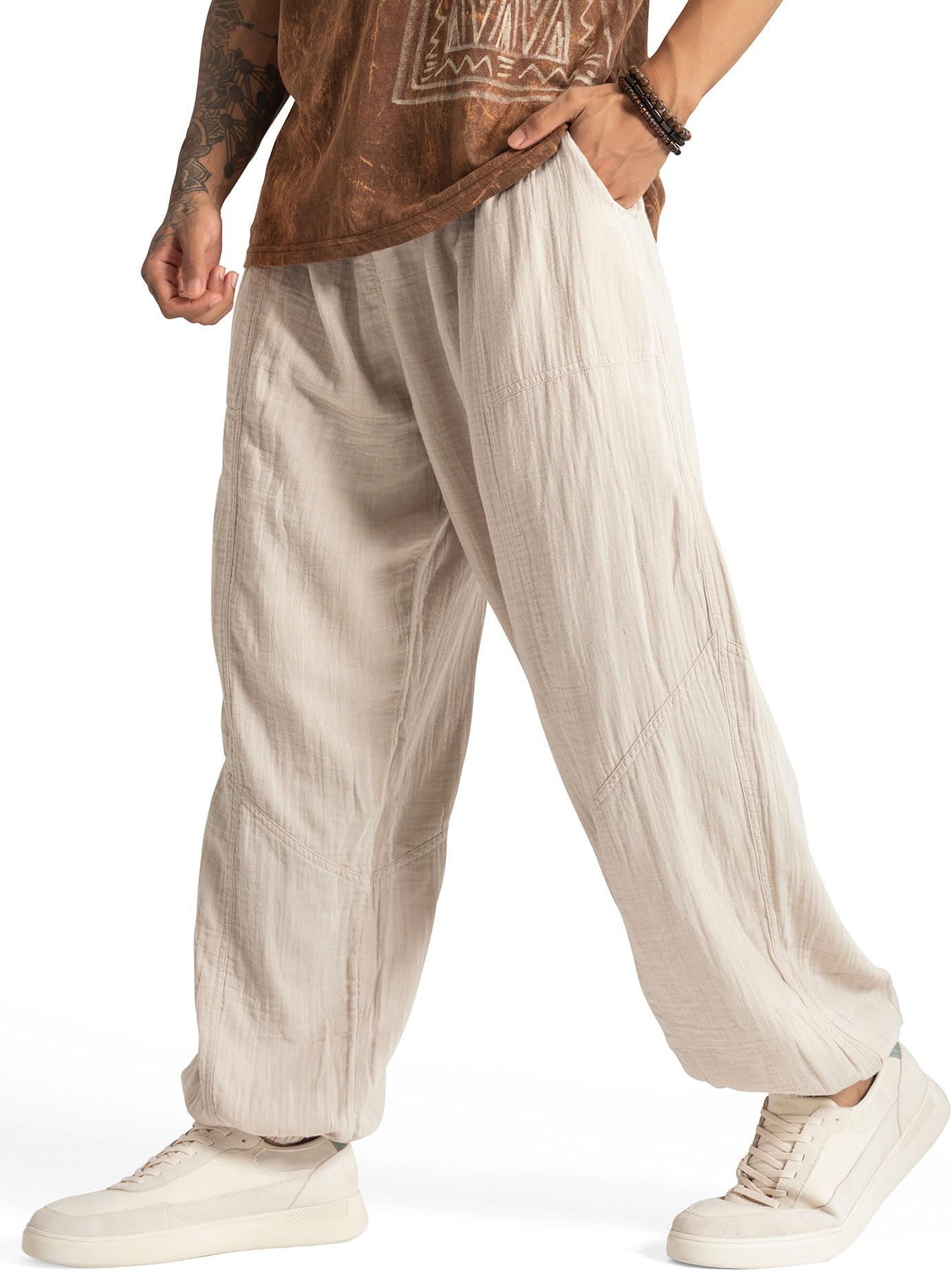 Men’s Cotton Pants – Lightweight Boho Harem Drawstring Trousers – Soft Travel Yoga Pants