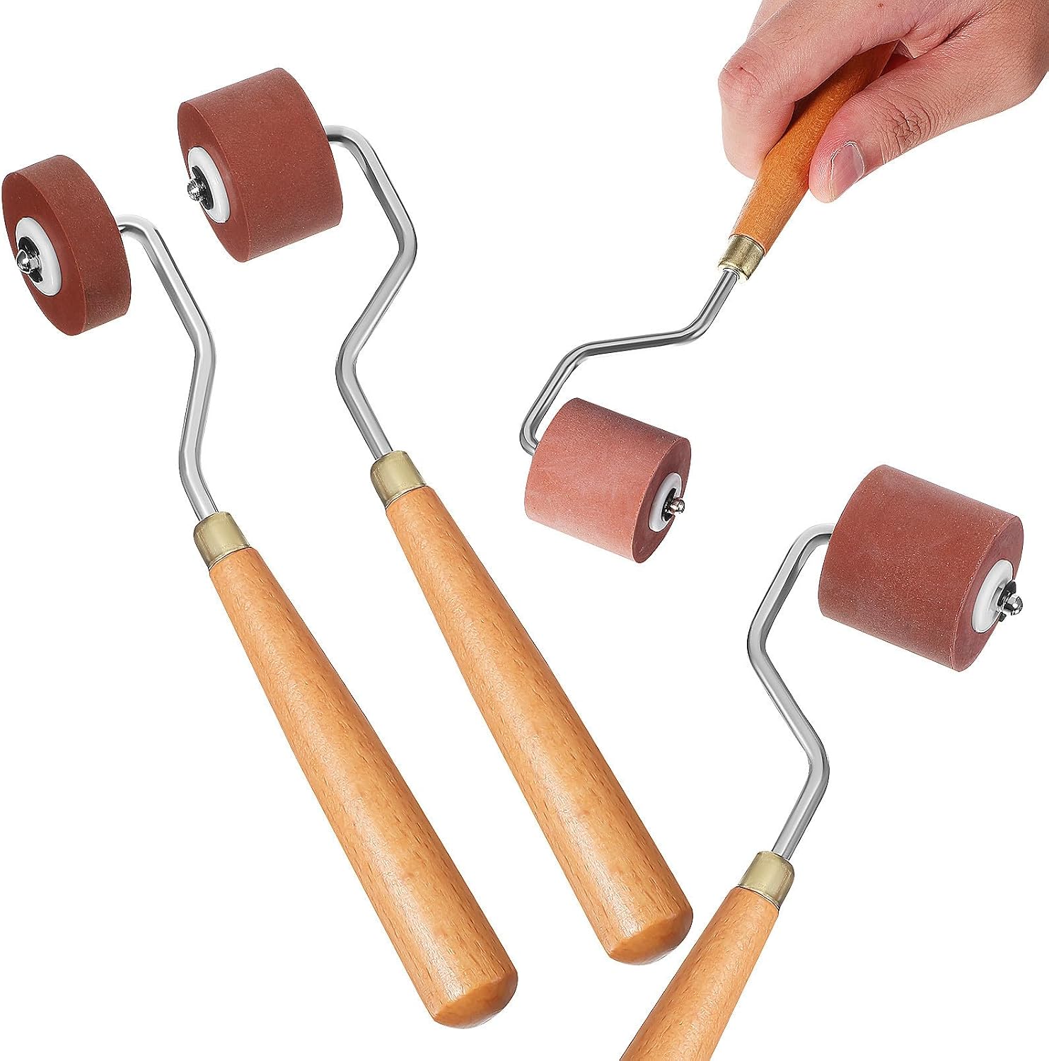 JOYOFREELY 3pcs Rubber Rollers Set for Printmaking and Craft Stamping, Smooth Rolling with Three Different Widths, Sturdy Rubber and Wood Construction, for Hobby Tools and Scrapbooking